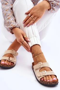 Best Boto Damskie Klapki Wsuwane Na Korkowej Podeszwie Beżowe Cortina