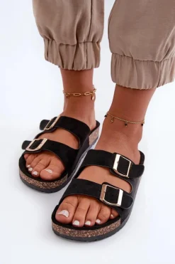 Damskie Boto Damskie Klapki Wsuwane Na Korkowej Podeszwie Czarne Cortina