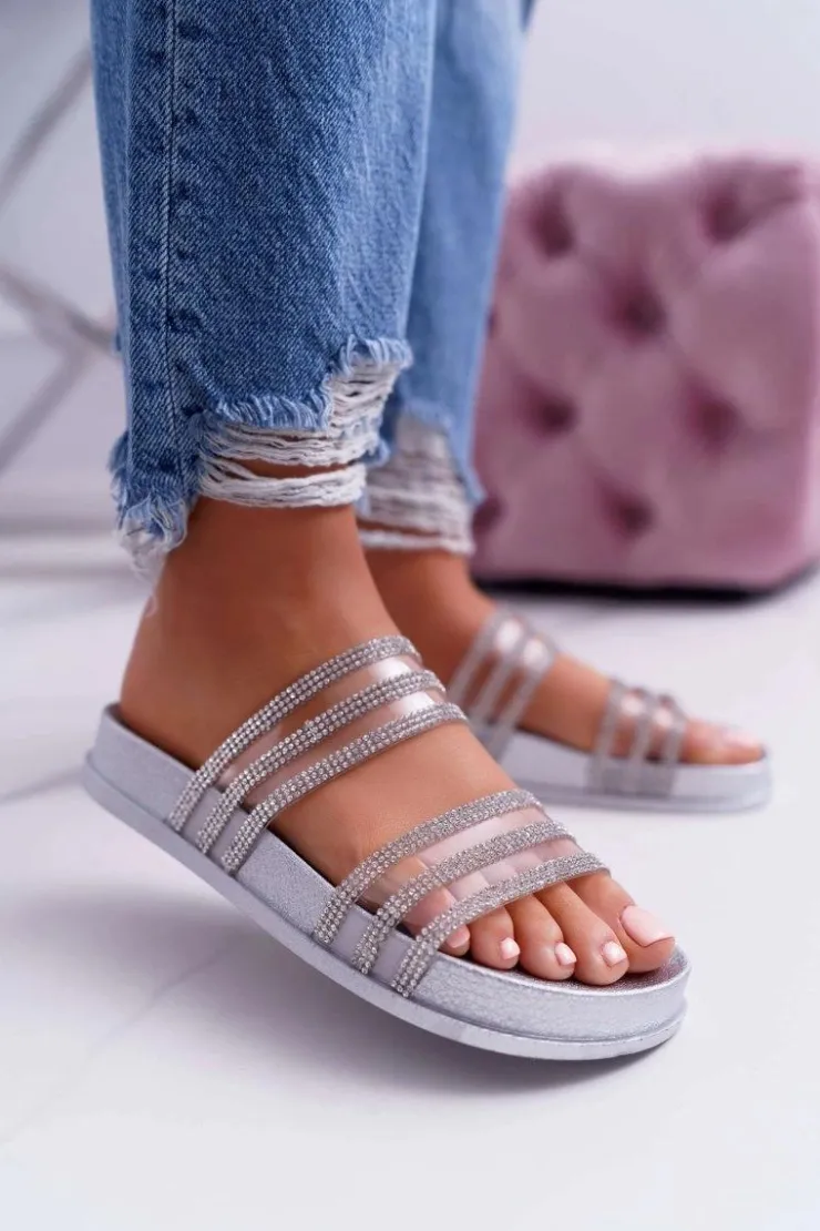 Boto Klapki Sportowe|Klapki Damskie Klasyczne*Damskie Klapki Z Cyrkoniami Srebrne Larena