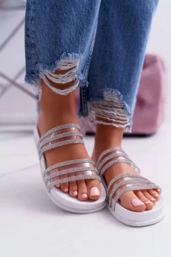 Damskie Boto Damskie Klapki Z Cyrkoniami Białe Larena