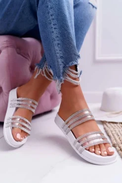 Damskie Boto Damskie Klapki Z Cyrkoniami Białe Larena