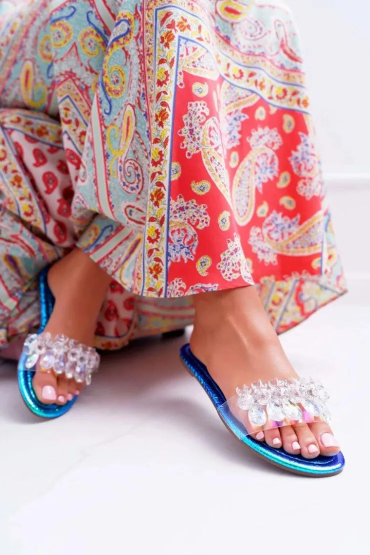 Clearance Boto Damskie Klapki Z Cyrkoniami Lu Boo Benzynowe Niebieskie Mediana