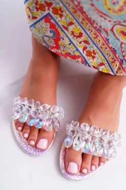 Boto Klapki Damskie Klasyczne*Damskie Klapki Z Cyrkoniami Lu Boo Benzynowe Różowe Mediana