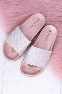 Clearance Boto Damskie Klapki Z Cyrkoniami MadameCristal Różowe