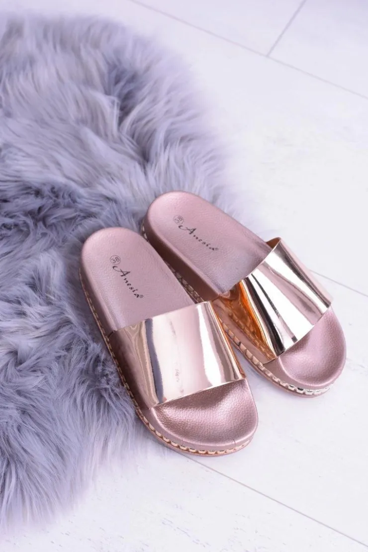 Boto Klapki Sportowe|Klapki Damskie Klasyczne*Damskie Klapki z Dżetami Mirock Różowe Złoto