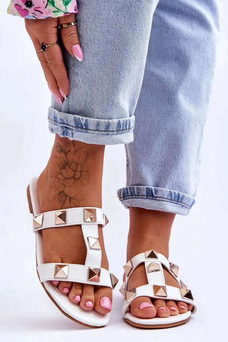 Boto Klapki Damskie Klasyczne*Damskie Klapki Z Dużymi Ćwiekami Białe Mercure Biały