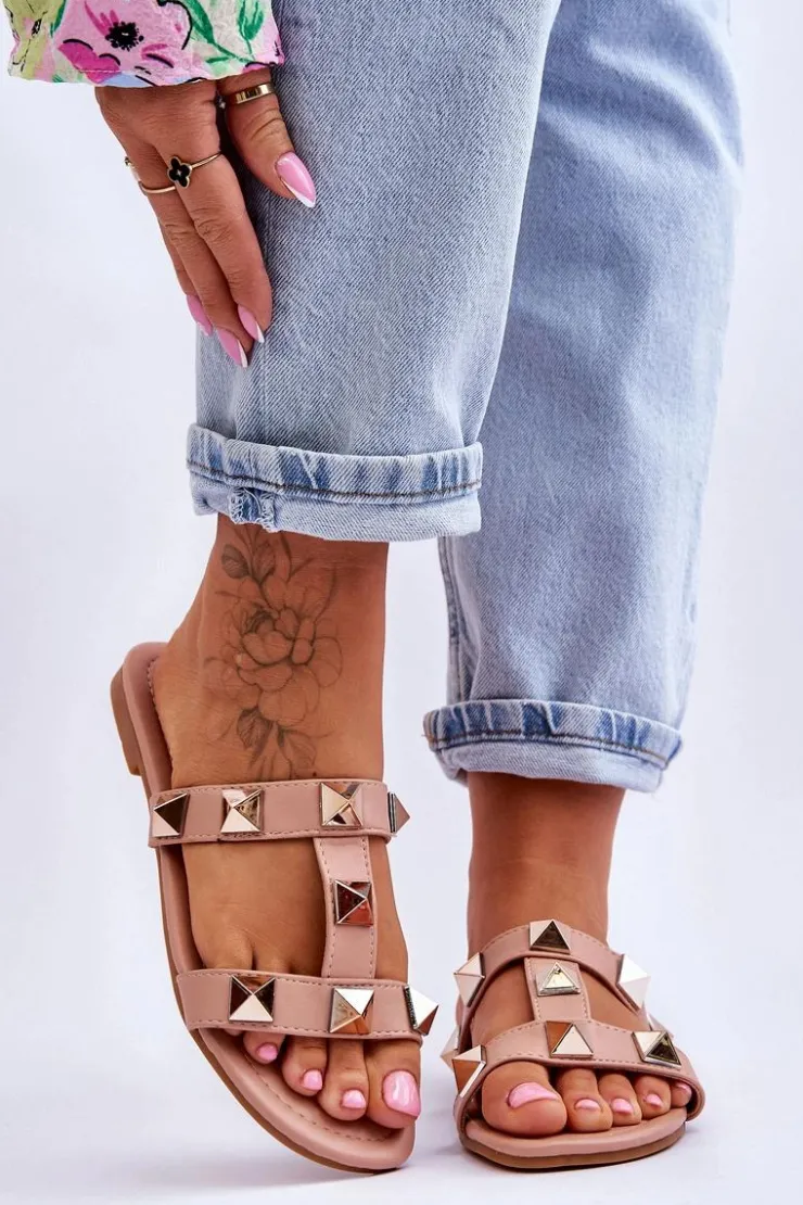 Outlet Boto Damskie Klapki Z Dużymi Ćwiekami Nude Mercure Różowy