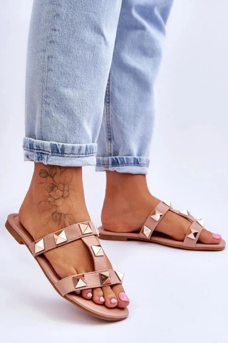 Outlet Boto Damskie Klapki Z Dużymi Ćwiekami Nude Mercure Różowy