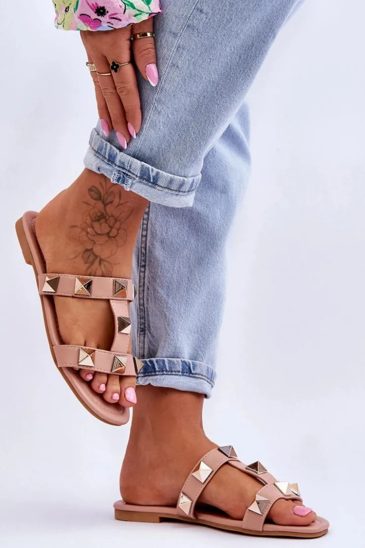 Outlet Boto Damskie Klapki Z Dużymi Ćwiekami Nude Mercure Różowy