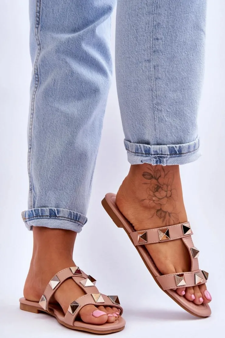 Outlet Boto Damskie Klapki Z Dużymi Ćwiekami Nude Mercure Różowy