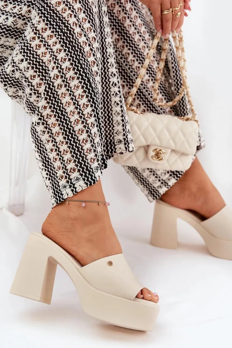 New Boto Damskie Klapki Z Eko Skóry Na Słupku I Platformie Jasnobeżowe Tamirella Beżowy