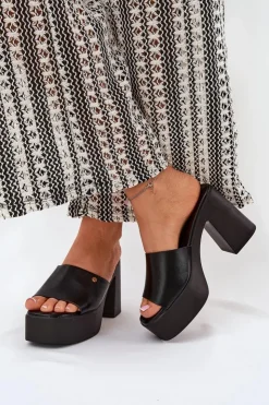 Boto Klapki Na Obcasie|Klapki Damskie Klasyczne*Damskie Klapki Z Eko Skóry Na Słupku I Platformie Czarne Tamirella Czarny