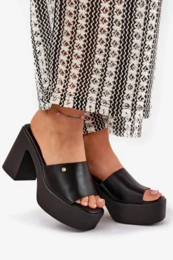 Boto Klapki Na Obcasie|Klapki Damskie Klasyczne*Damskie Klapki Z Eko Skóry Na Słupku I Platformie Czarne Tamirella Czarny