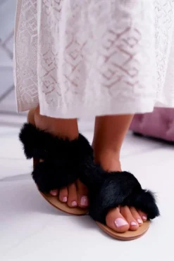 Boto Klapki Z Futerkiem|Klapki Damskie Klasyczne*Damskie Klapki Z Futerkiem Lu Boo Czarne