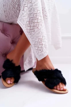 Boto Klapki Z Futerkiem|Klapki Damskie Klasyczne*Damskie Klapki Z Futerkiem Lu Boo Czarne