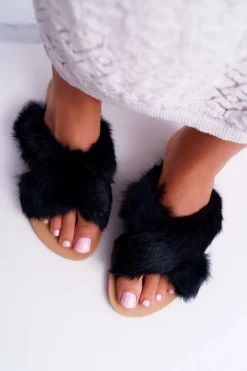 Boto Klapki Z Futerkiem|Klapki Damskie Klasyczne*Damskie Klapki Z Futerkiem Lu Boo Czarne