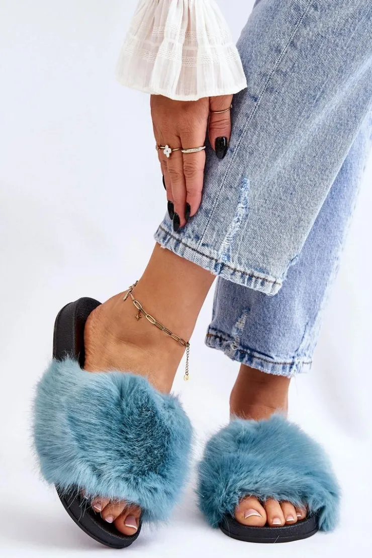 Online Boto Damskie Klapki Z Futerkiem Turkusowe Kennet