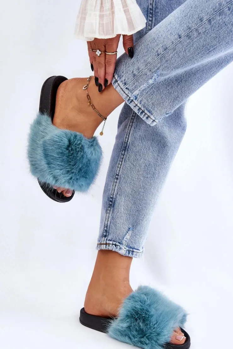 Online Boto Damskie Klapki Z Futerkiem Turkusowe Kennet