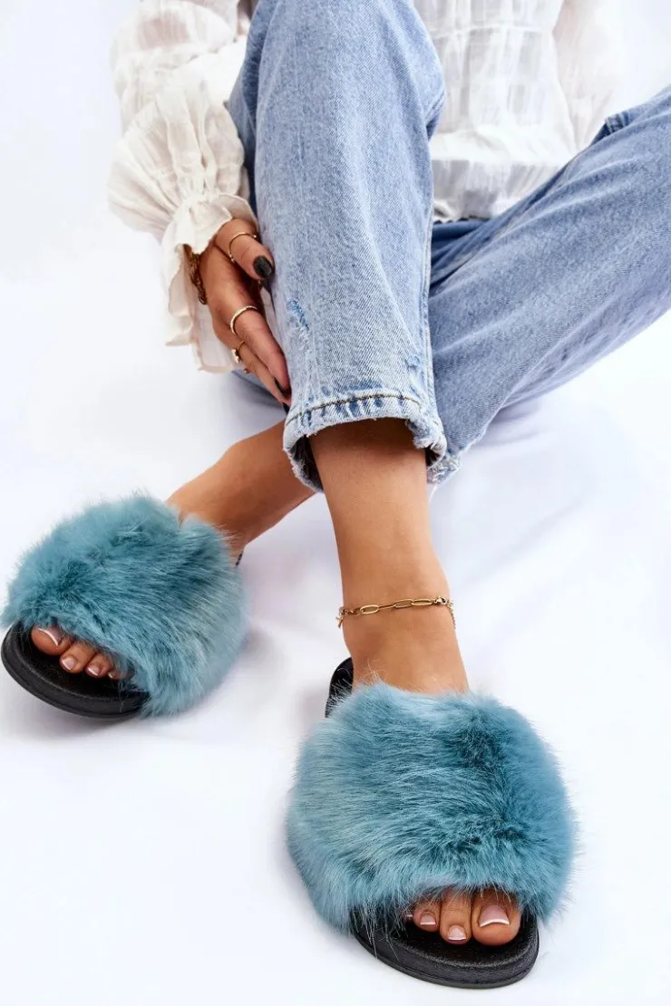 Online Boto Damskie Klapki Z Futerkiem Turkusowe Kennet