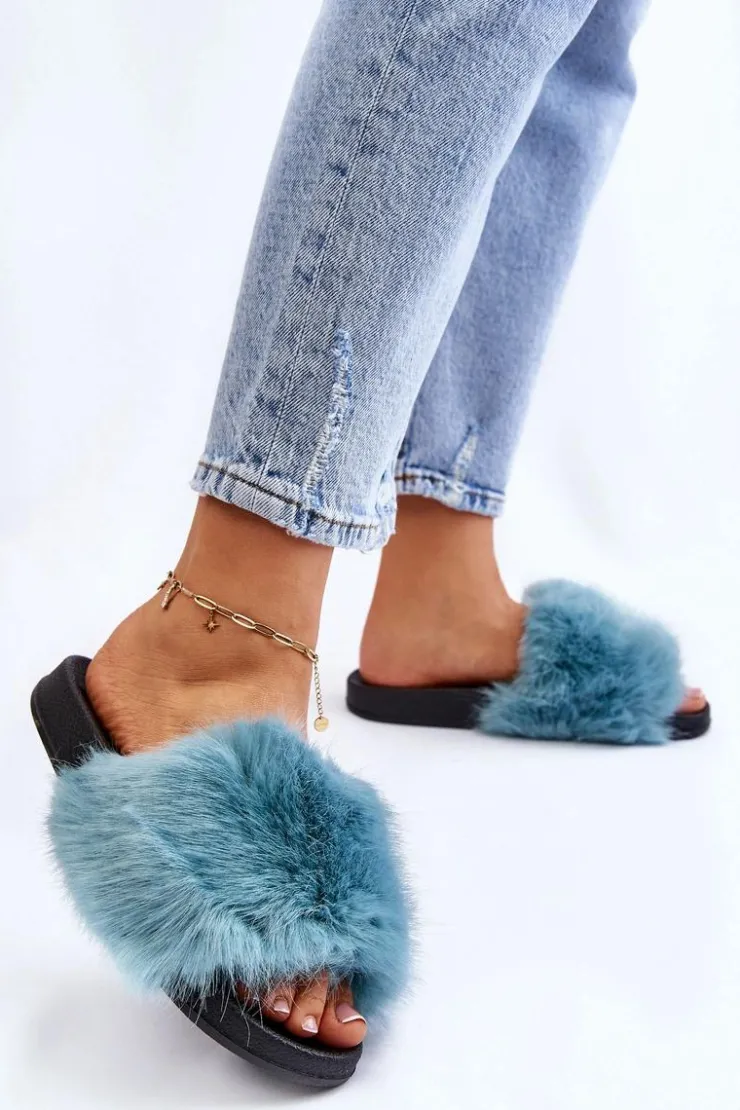 Online Boto Damskie Klapki Z Futerkiem Turkusowe Kennet
