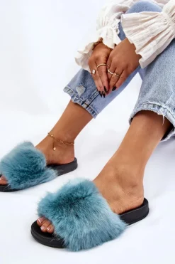 Online Boto Damskie Klapki Z Futerkiem Turkusowe Kennet