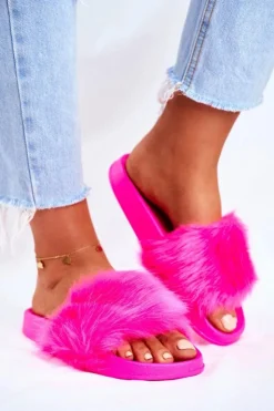 Discount Boto Damskie Klapki Z Futerkiem Neon Fuksja Fur