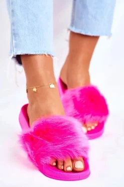 Discount Boto Damskie Klapki Z Futerkiem Neon Fuksja Fur
