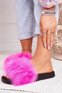 Sale Boto Damskie Klapki z Futerkiem Fuksja Belmondo