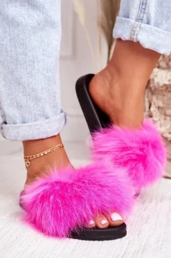 Sale Boto Damskie Klapki z Futerkiem Fuksja Belmondo