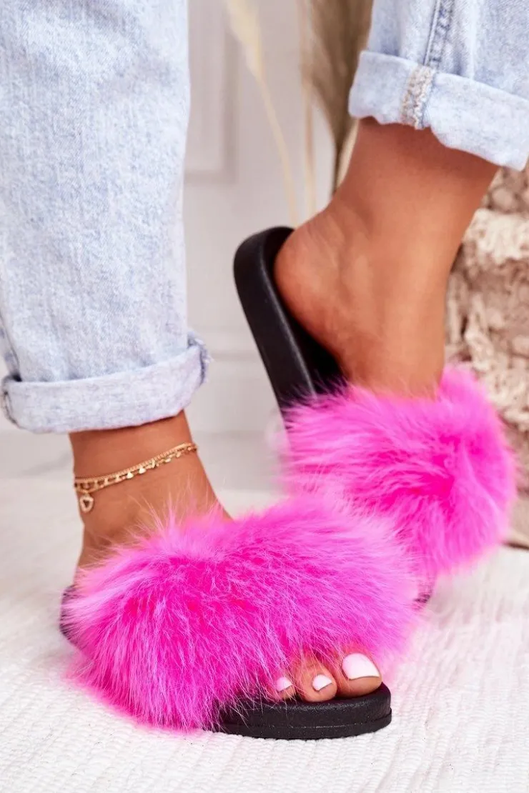 Sale Boto Damskie Klapki z Futerkiem Fuksja Belmondo