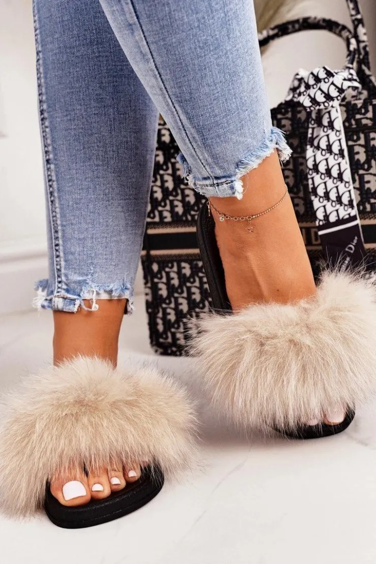 Online Boto Damskie Klapki z Futerkiem Beżowe Belmondo