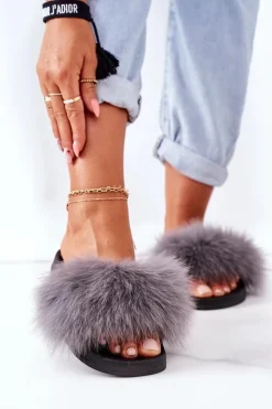 Hot Boto Damskie Klapki z Futerkiem Ciemnoszare Belmondo