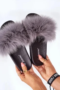 Hot Boto Damskie Klapki z Futerkiem Ciemnoszare Belmondo