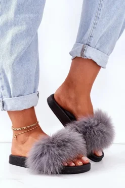 Hot Boto Damskie Klapki z Futerkiem Ciemnoszare Belmondo