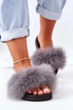 Hot Boto Damskie Klapki z Futerkiem Ciemnoszare Belmondo