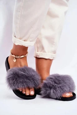 Boto Klapki Z Futerkiem|Klapki Damskie Klasyczne*Damskie Klapki z Futerkiem Szare Belmondo