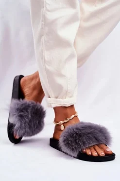 Boto Klapki Z Futerkiem|Klapki Damskie Klasyczne*Damskie Klapki z Futerkiem Szare Belmondo