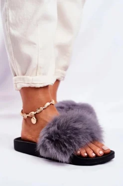 Boto Klapki Z Futerkiem|Klapki Damskie Klasyczne*Damskie Klapki z Futerkiem Szare Belmondo