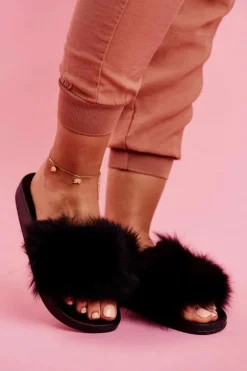 Boto Klapki Z Futerkiem|Klapki Damskie Klasyczne*Damskie Klapki z Futerkiem Czarne Belmondo Czarny