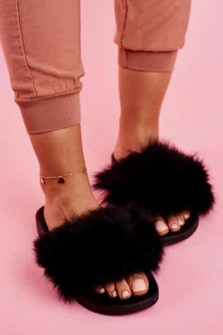 Boto Klapki Z Futerkiem|Klapki Damskie Klasyczne*Damskie Klapki z Futerkiem Czarne Belmondo Czarny