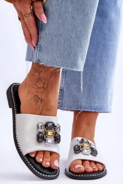 Damskie buty S.Barski Klapki Damskie Klasyczne*Damskie Klapki Z Kamieniami S.Barski KV-2775-31 Biało-Srebrne