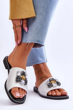 Damskie buty S.Barski Klapki Damskie Klasyczne*Damskie Klapki Z Kamieniami S.Barski KV-2775-31 Biało-Srebrne