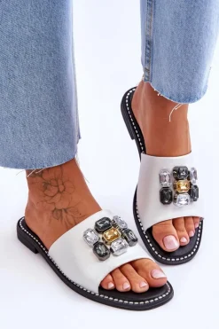 Damskie buty S.Barski Klapki Damskie Klasyczne*Damskie Klapki Z Kamieniami S.Barski KV-2775-31 Biało-Srebrne