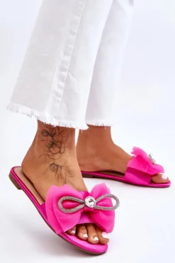 Boto Klapki Damskie Klasyczne*Damskie Klapki Z Kokardą I Cyrkoniami Fuksja Jolene