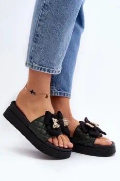 Damskie Boto Damskie Klapki Z Kokardą i Misiem Czarne Katterina