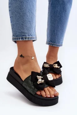 Damskie Boto Damskie Klapki Z Kokardą i Misiem Czarne Katterina