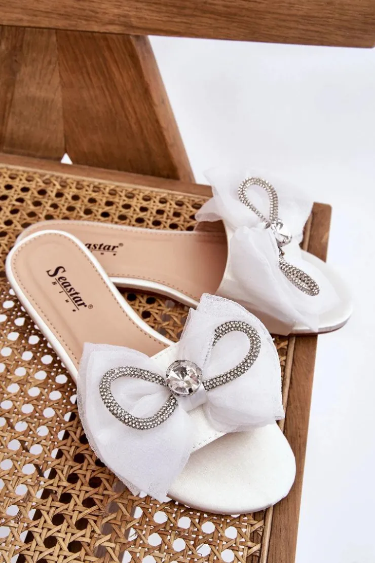 Damskie Boto Damskie Klapki Z Kokardą I Cyrkoniami Białe Jolene