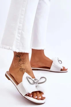 Damskie Boto Damskie Klapki Z Kokardą I Cyrkoniami Białe Jolene