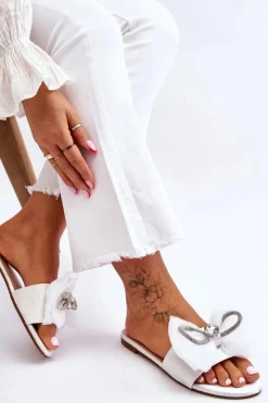 Damskie Boto Damskie Klapki Z Kokardą I Cyrkoniami Białe Jolene