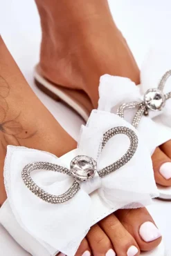 Damskie Boto Damskie Klapki Z Kokardą I Cyrkoniami Białe Jolene